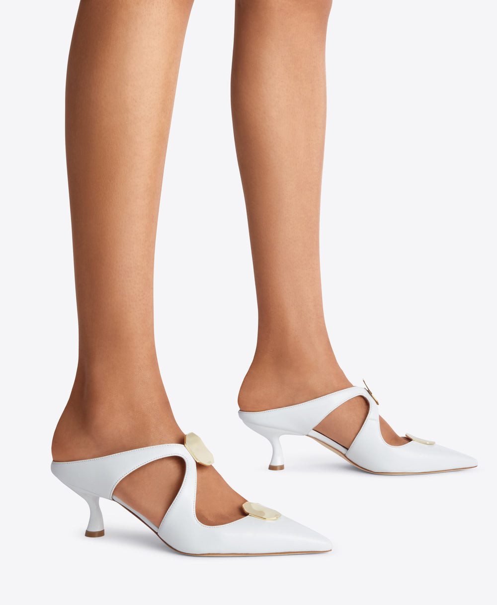 White Nappa Cut-out Mules - Pointed Toe with Ornaments on Curved Heel | Malone Souliers