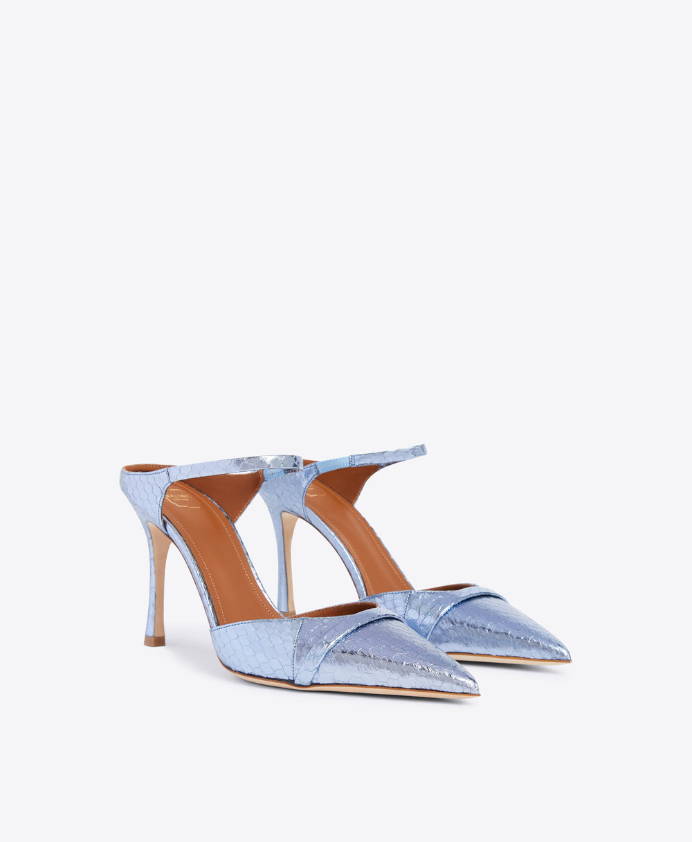 Double Strap Mules in Steel Blue - Pointed Toe on Flared Stiletto | Malone Souliers