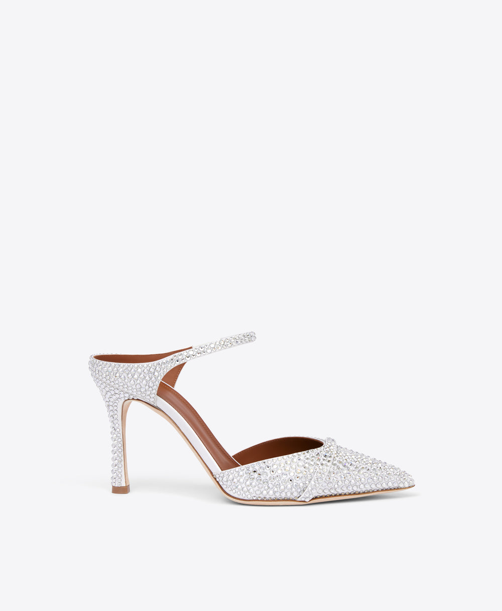 Malone Souliers Uma 90mm White Crystal Satin Heeled Mules