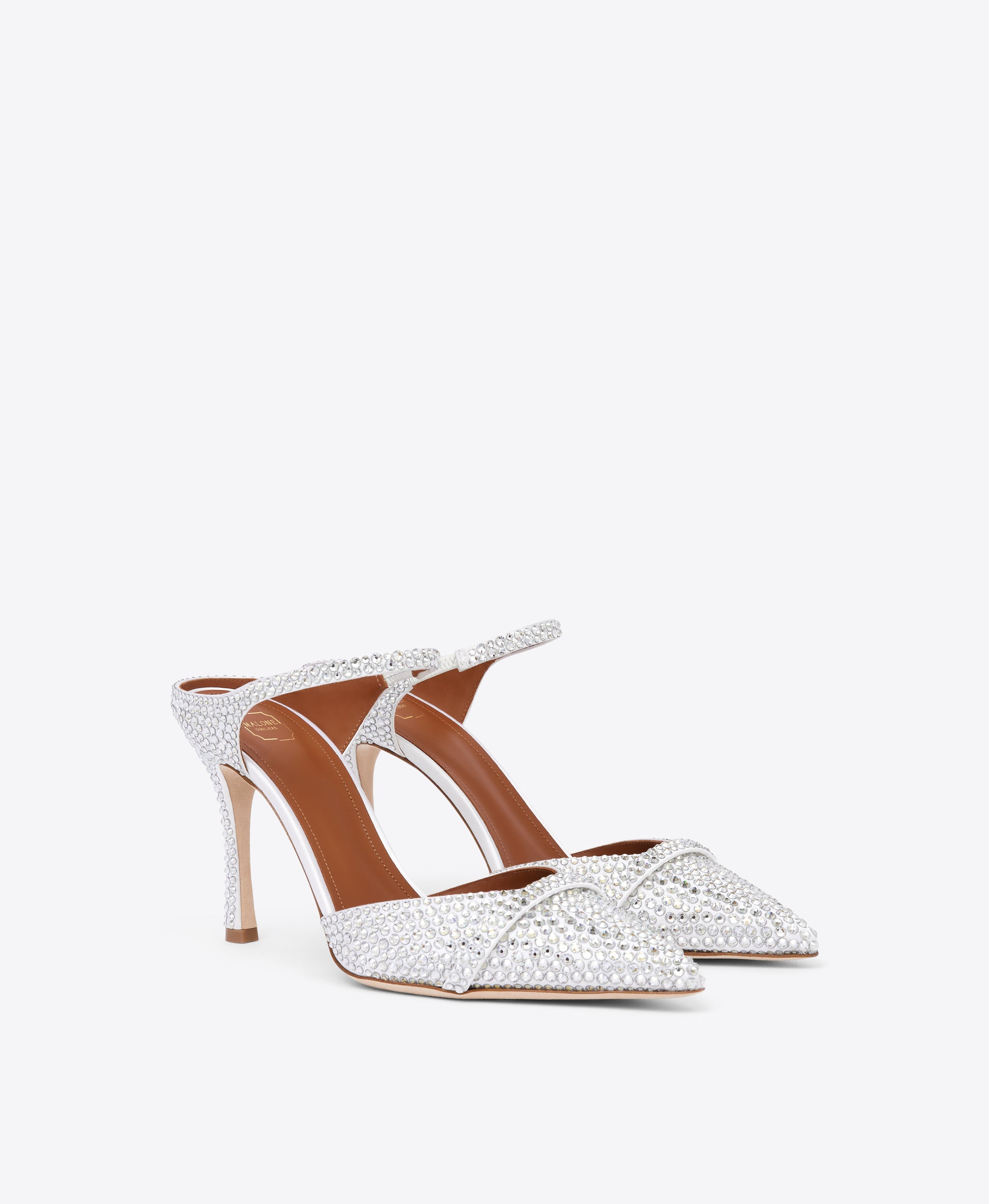 Malone Souliers Uma 90mm White Crystal Satin Heeled Mules