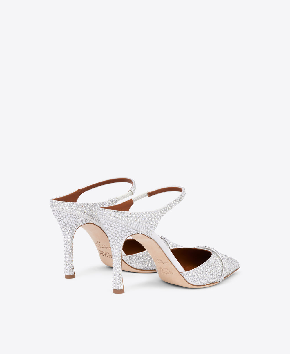 Malone Souliers Uma 90mm White Crystal Satin Heeled Mules