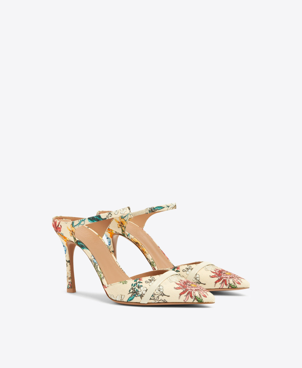 Uma 90 Floral Cream Canvas Heeled Mules Malone Souliers