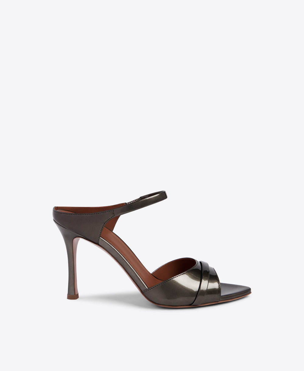 Malone Souliers Una 90mm Black Metallic Patent Heeled Sandals