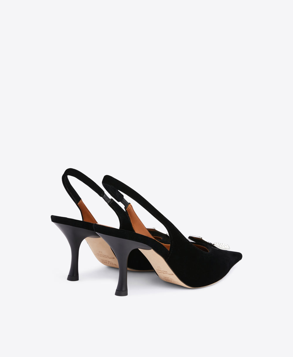 Black Velvet Slingbacks with Strap Ornament | Malone Souliers