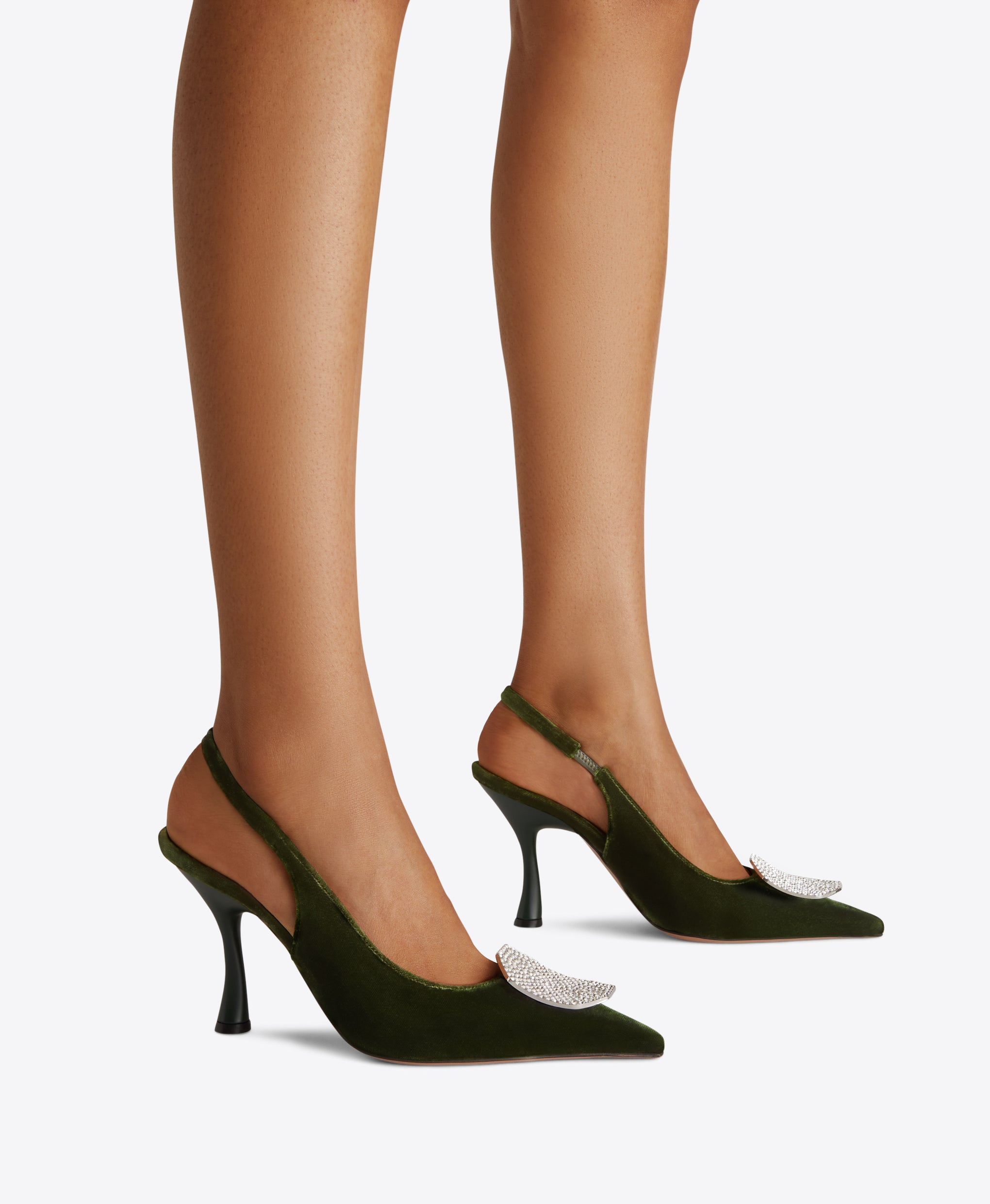 Pine Green Velvet Pointed Toe Slingbacks with Ornament | Malone Souliers