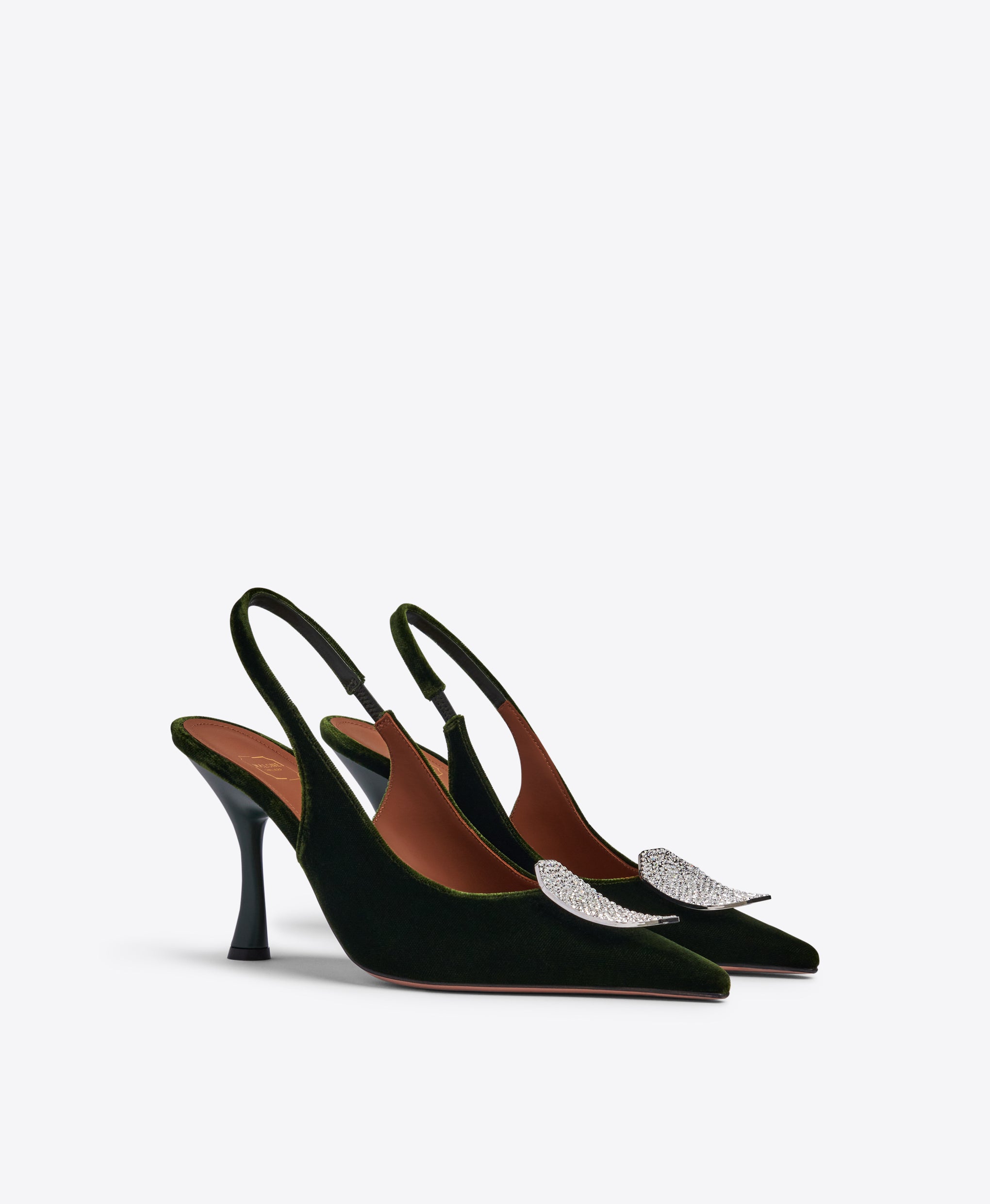 Pine Green Velvet Pointed Toe Slingbacks with Ornament | Malone Souliers