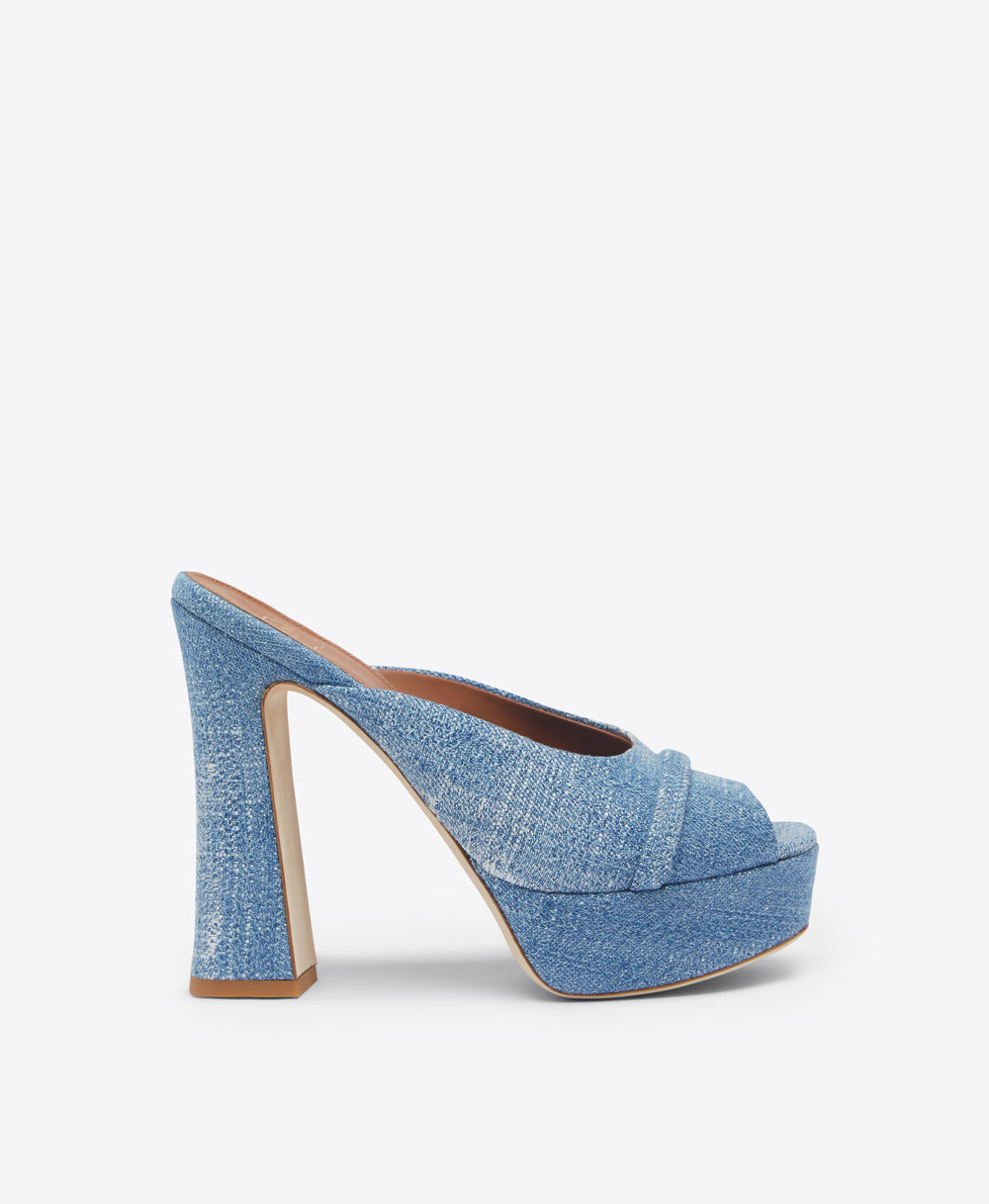 Malone Souliers Yasmin 125mm Baby Blue Denim Platform Mules