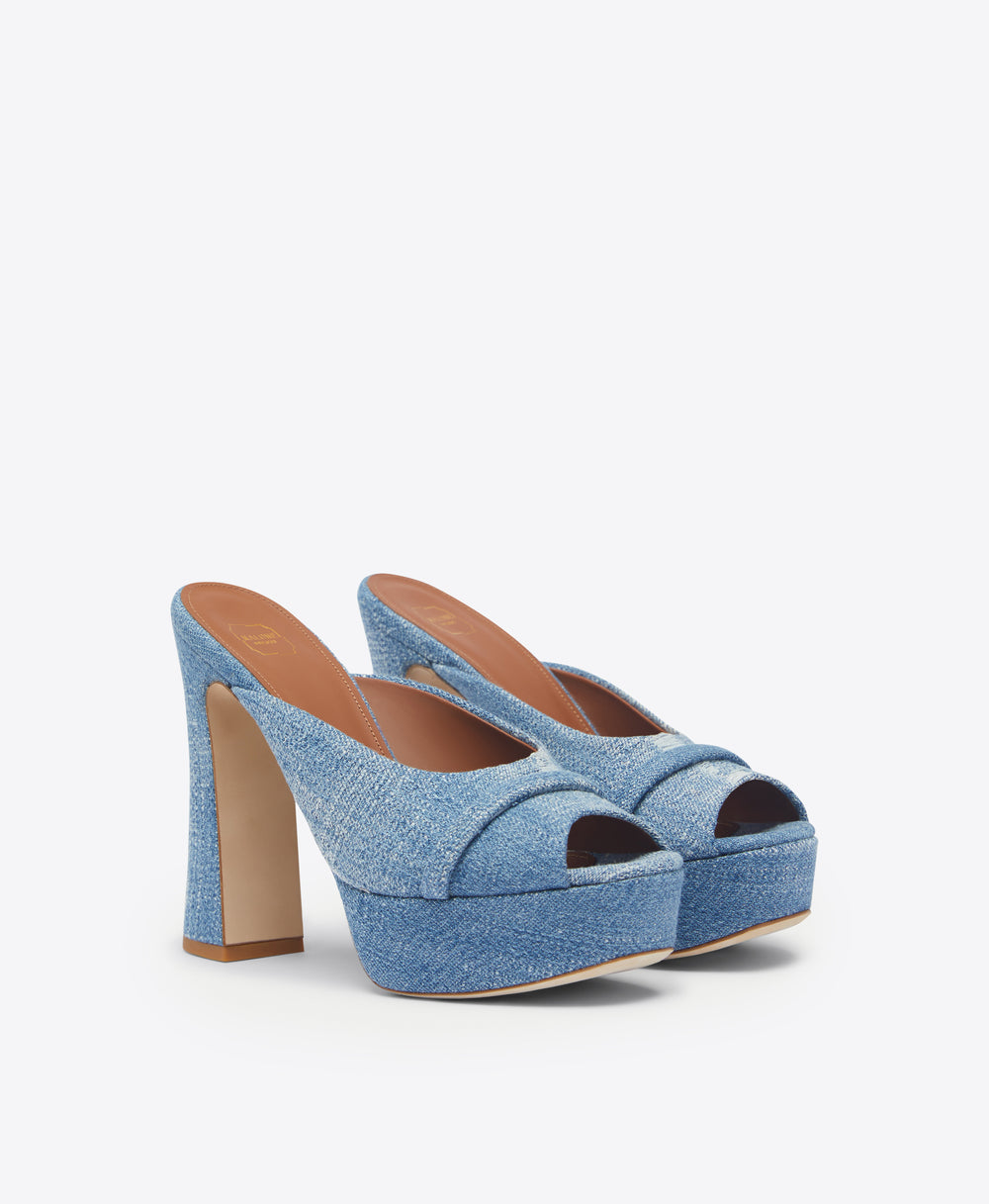 Malone Souliers Yasmin 125mm Baby Blue Denim Platform Mules