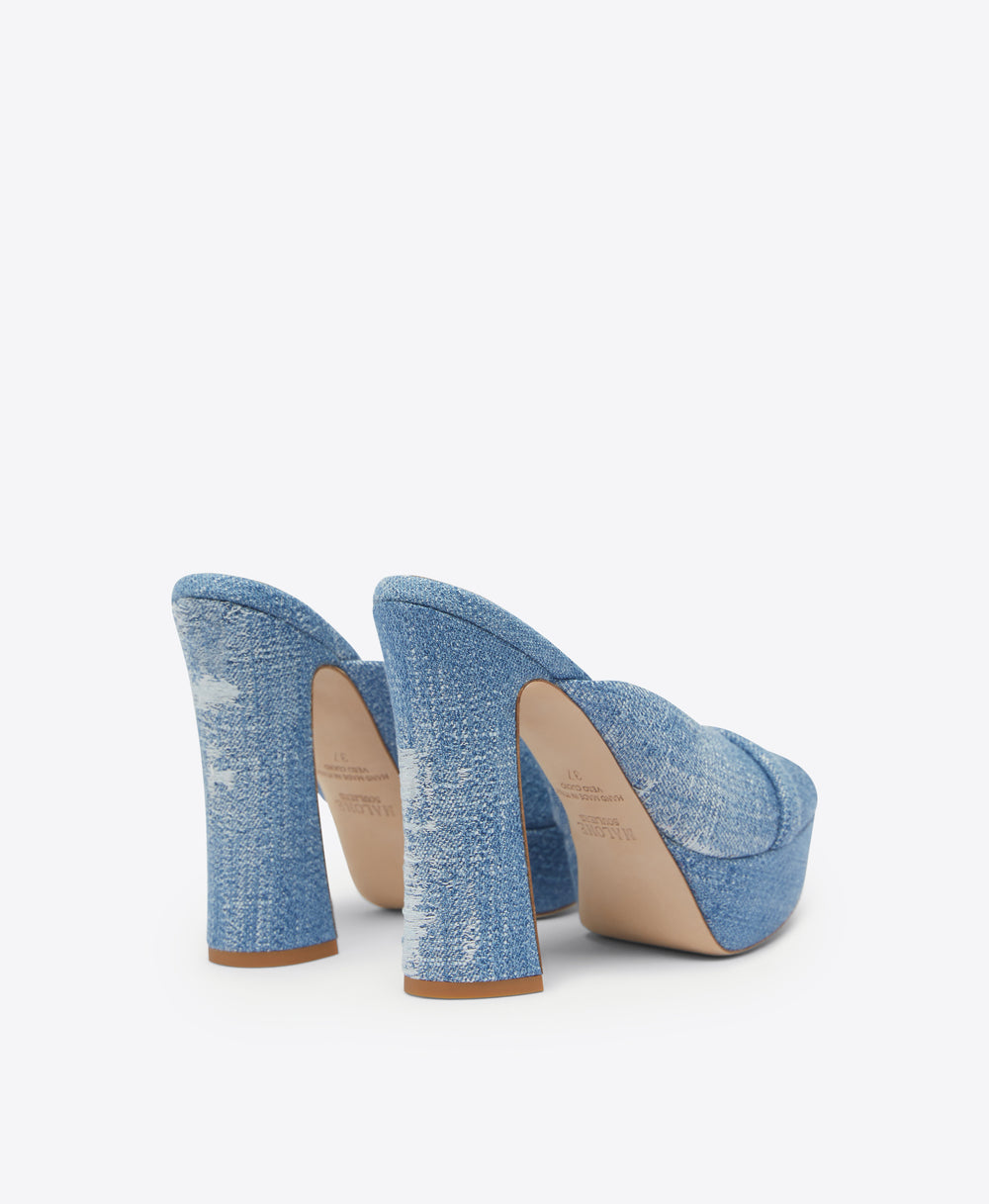 Malone Souliers Yasmin 125mm Baby Blue Denim Platform Mules